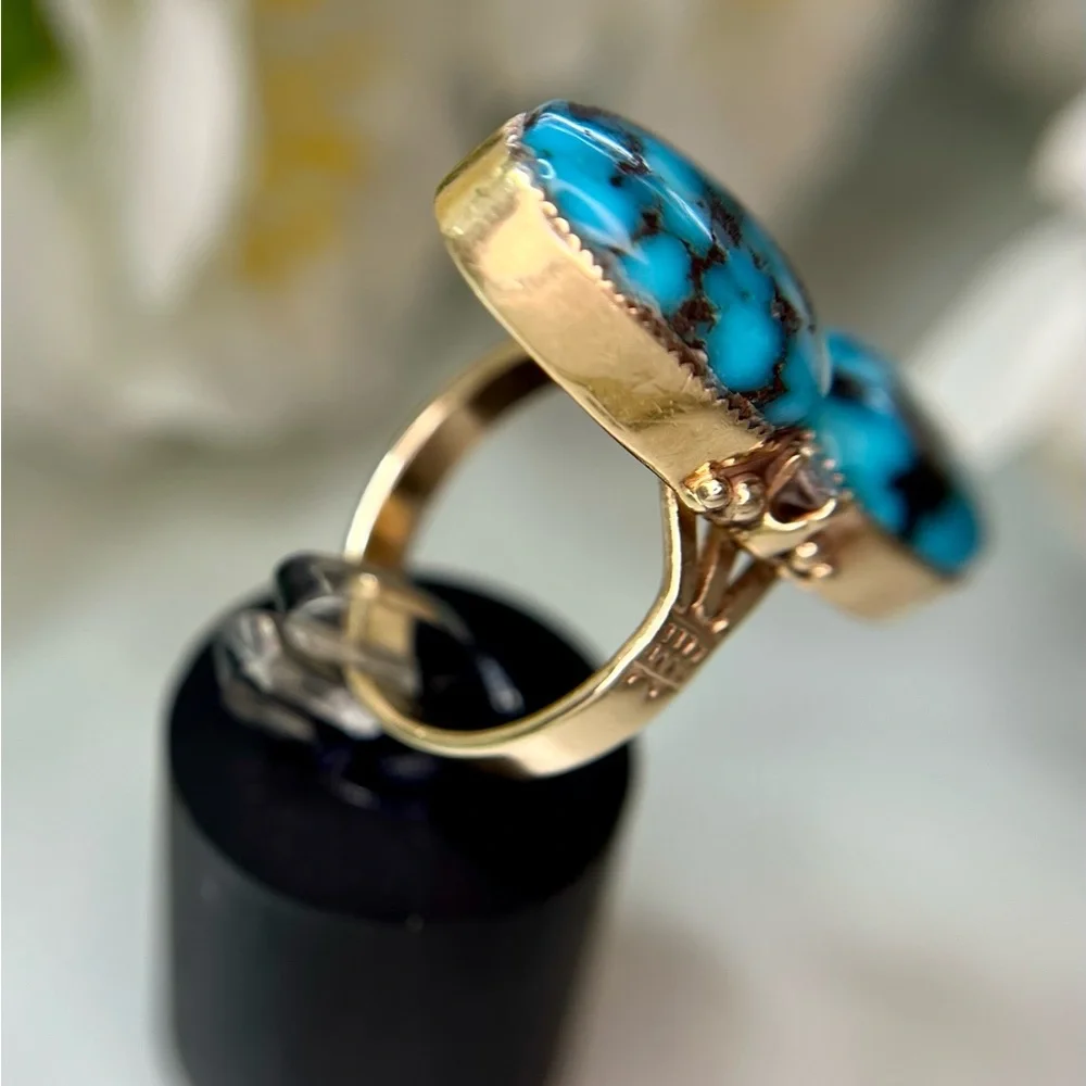 Vintage 14k Yellow Gold Turquoise Diamond Ring - Picture 8 of 15